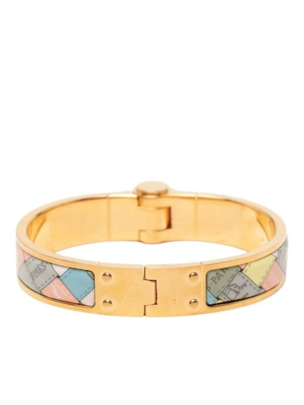 Hermes Charnier PM Bolduc AU Carre Check Bangle Bracelet Gold Multicolor Plated